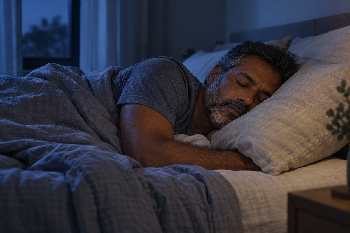 Homem de meia-idade, de barba grisalha, dormindo de lado em um quarto à luz azul-noite. Imagem ilustrativa.
