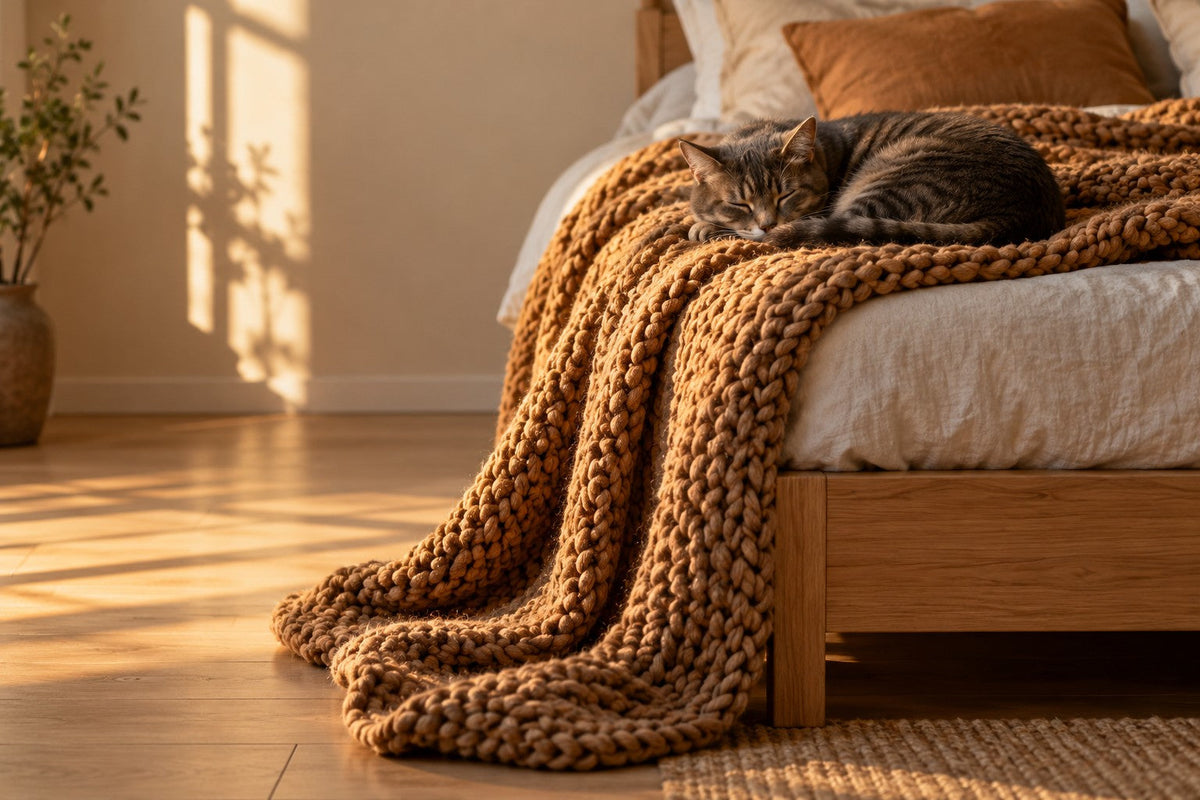 Manta de tricô caramelo caindo da cama, com um gato dormindo, à luz da tarde.