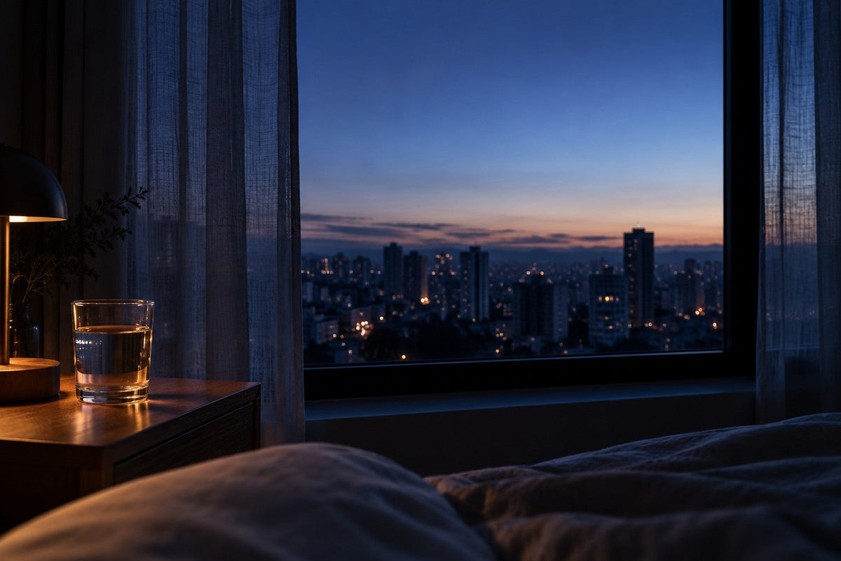Janela com a cidade escura ao fundo e uma luz azul no horizonte; no parapeito, um copo d'água.