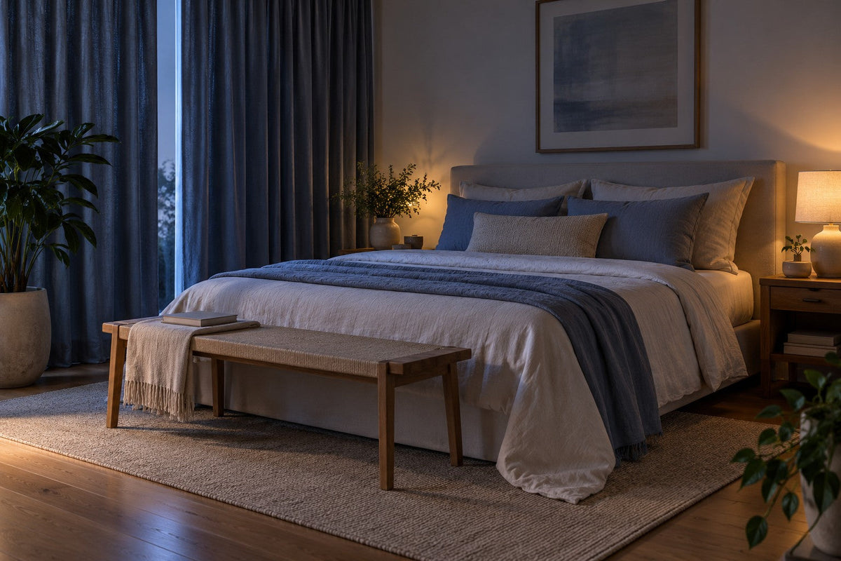 Quarto amplo e minimalista, com cama de linho, plantas e cortina semiaberta.
