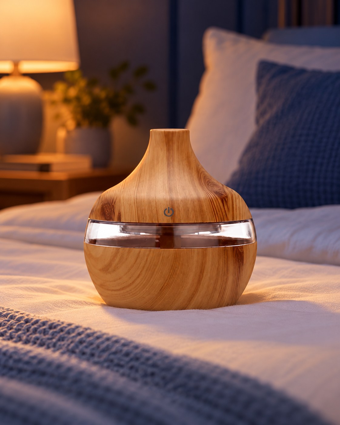 Difusor de aromas de madeira sobre uma cama, em um quarto à noite com luz baixa