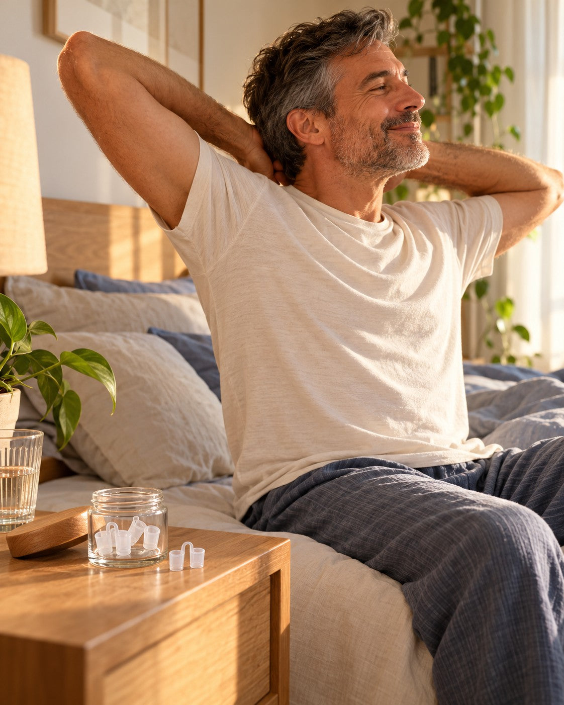 Homem se espreguiçando na cama de manhã, com os dilatadores nasais no potinho da mesa de cabeceira. Imagem ilustrativa.