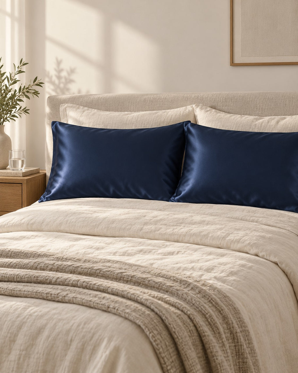 Cama com fronhas de seda azul-marinho e roupa de cama de linho cru. Imagem ilustrativa