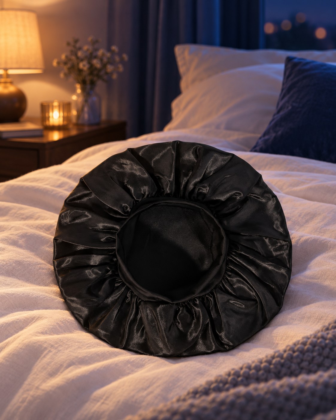 Touca de cetim preta sobre uma cama arrumada, em um quarto à noite com luz baixa