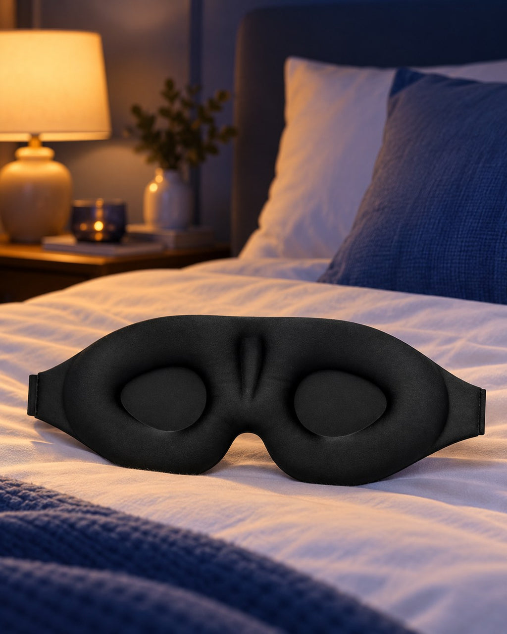 Tapa olho preto sobre uma cama arrumada, em um quarto à noite com luz baixa