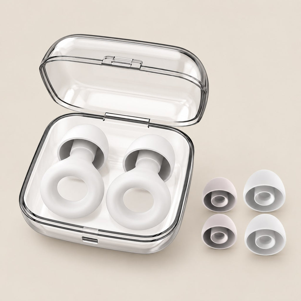 Protetores auriculares de silicone brancos com ponteiras e estojo transparente