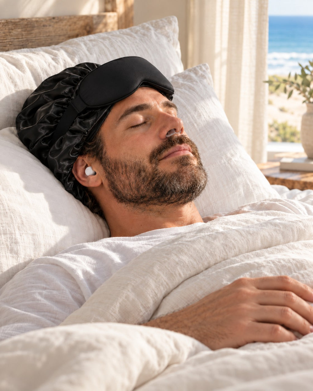Homem dormindo com a touca de cetim preta, o tapa olho na testa, protetor auricular e dilatador nasal. Imagem ilustrativa.