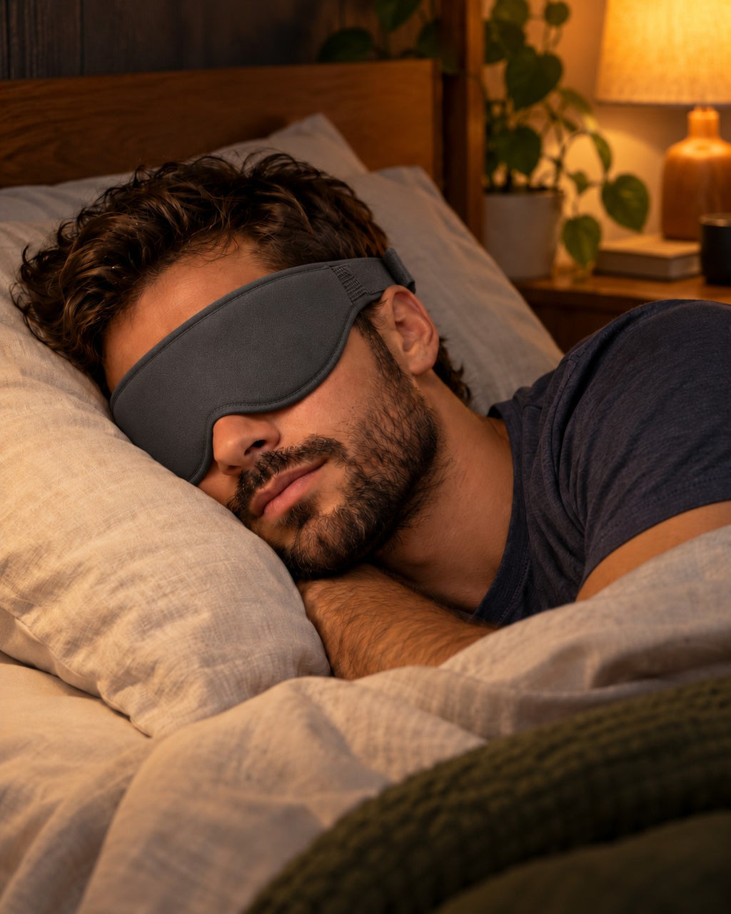Homem dormindo de lado com a máscara de dormir regulável cinza chumbo, em um quarto à luz âmbar. Imagem ilustrativa.