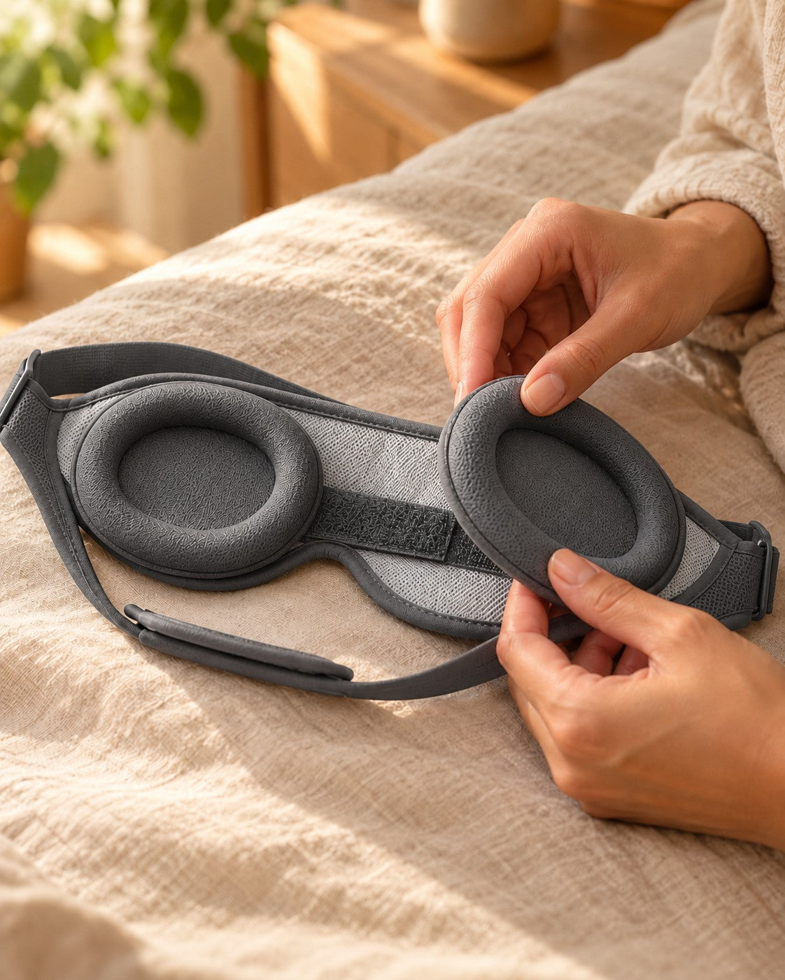 Mãos deslizando uma das almofadas dos olhos no velcro da faixa da máscara regulável cinza chumbo. Imagem ilustrativa.