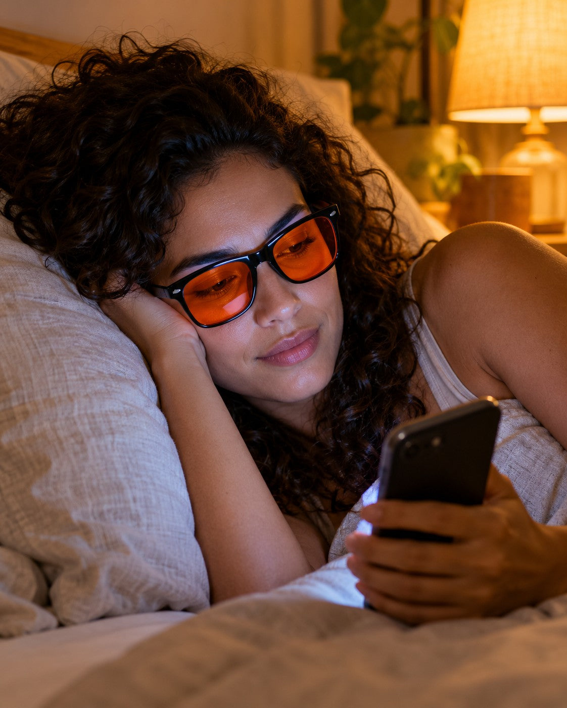 Mulher de cabelo cacheado deitada com os óculos de lente âmbar, olhando o celular à luz do abajur. Imagem ilustrativa.