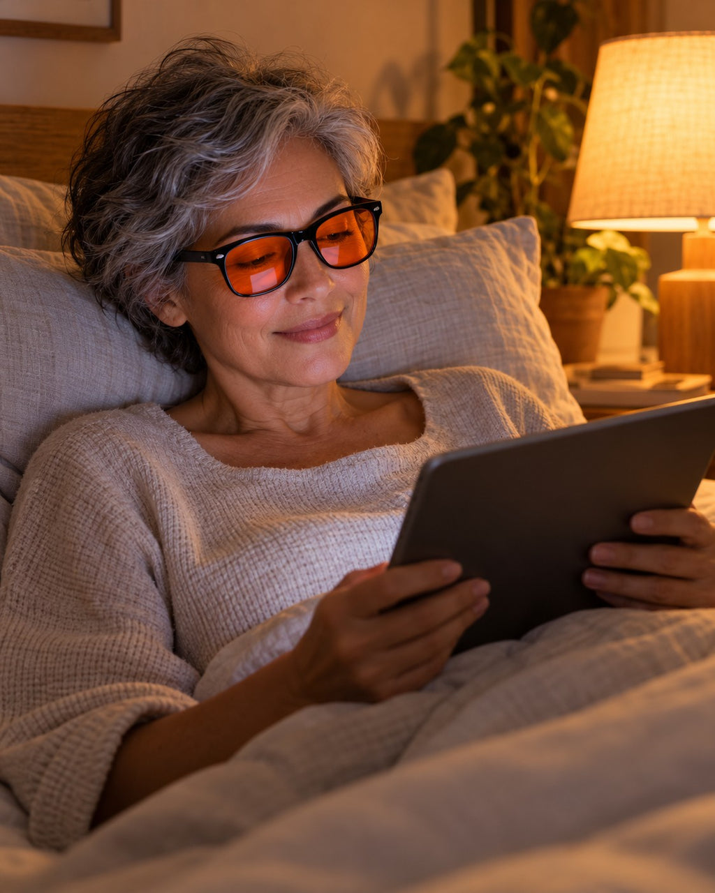 Mulher grisalha sorrindo com os óculos de lente âmbar, usando o tablet na cama. Imagem ilustrativa.