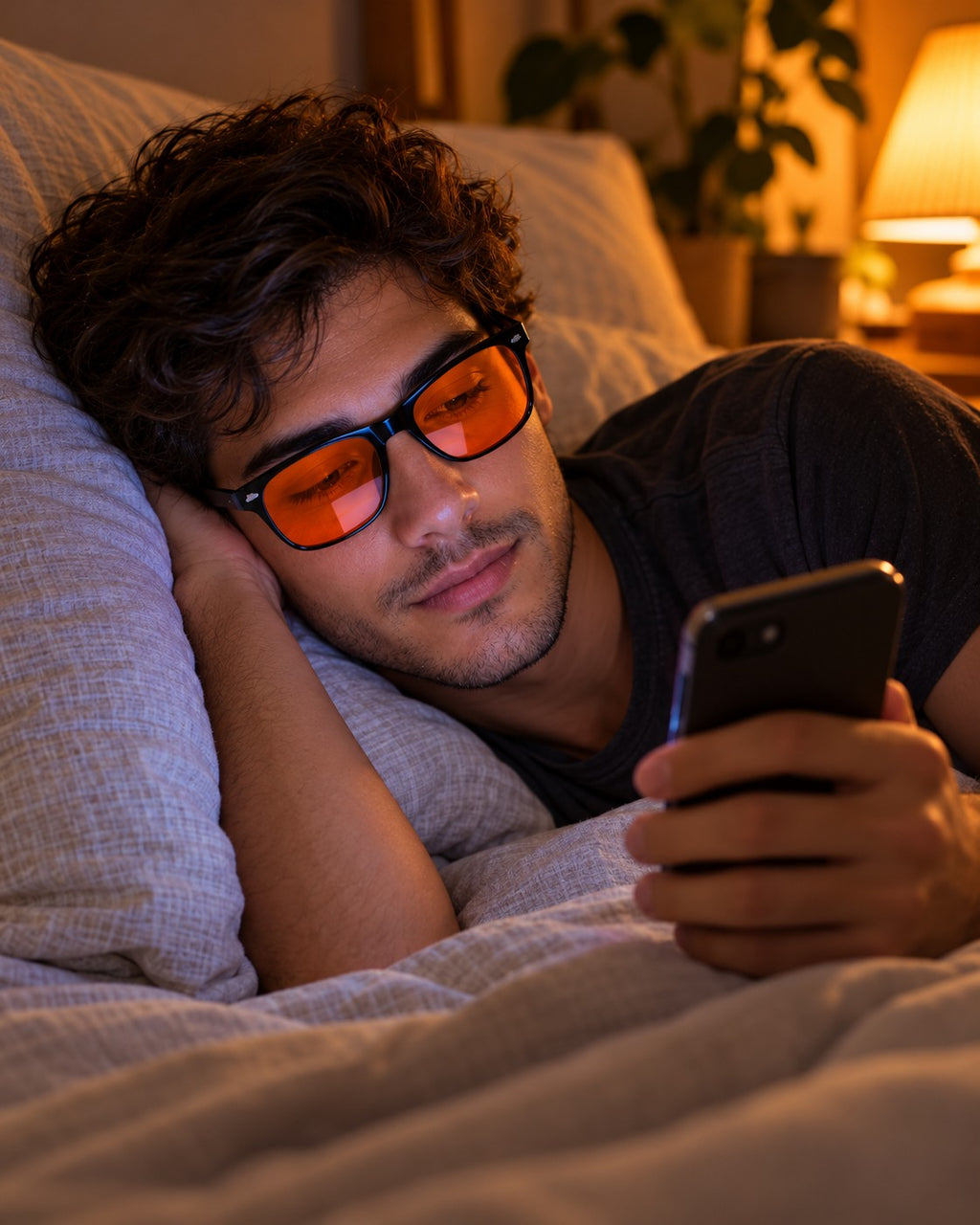 Homem deitado com os óculos de lente âmbar, olhando o celular. Imagem ilustrativa.