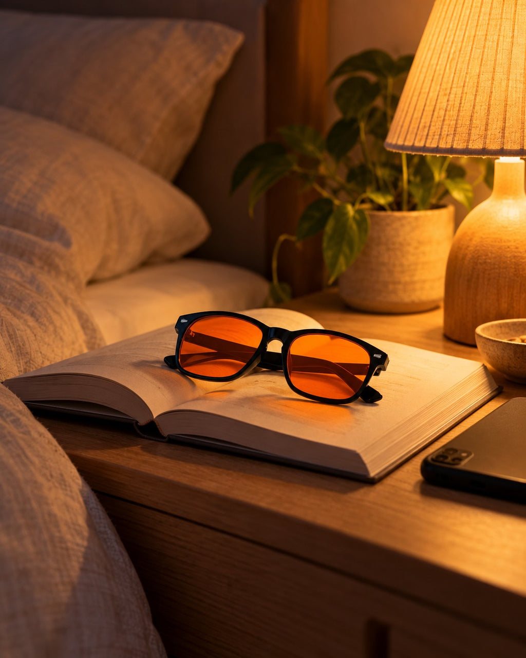 Óculos de lente âmbar sobre um livro aberto na mesa de cabeceira, com o celular virado e o abajur aceso.