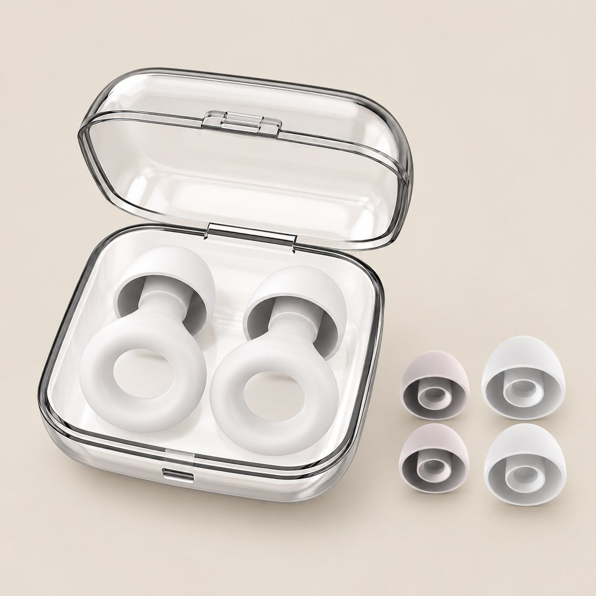 Protetores auriculares de silicone brancos com ponteiras e estojo transparente