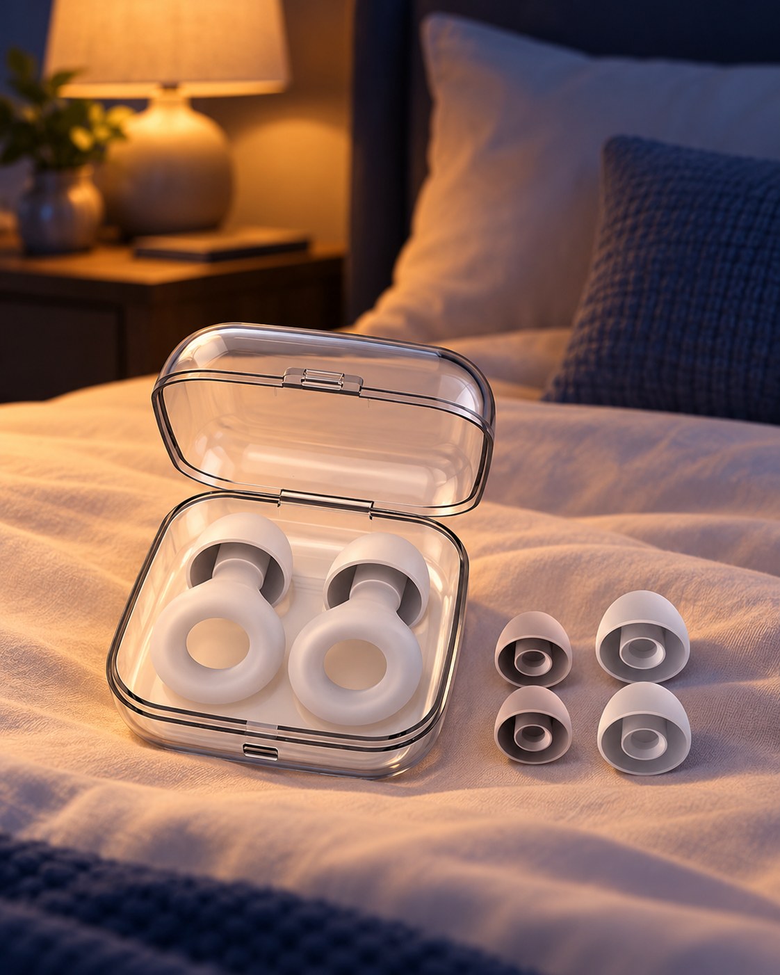 Protetores auriculares de silicone em estojo sobre uma cama, em um quarto à noite com luz baixa