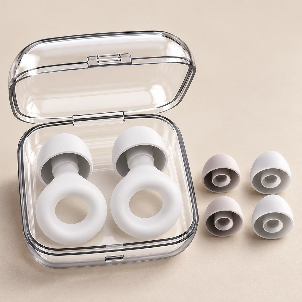 Detalhe do silicone macio dos protetores auriculares brancos