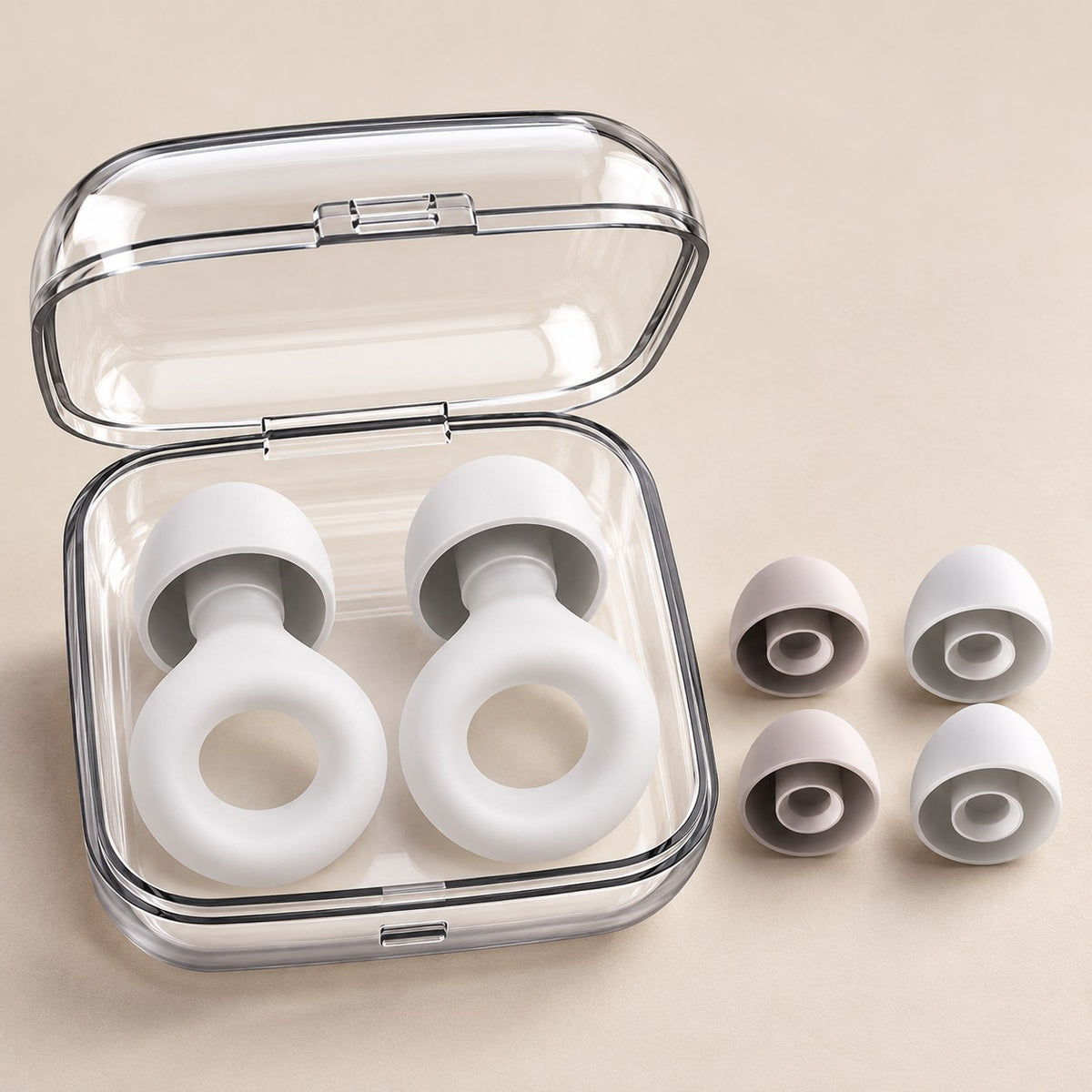 Detalhe do silicone macio dos protetores auriculares brancos