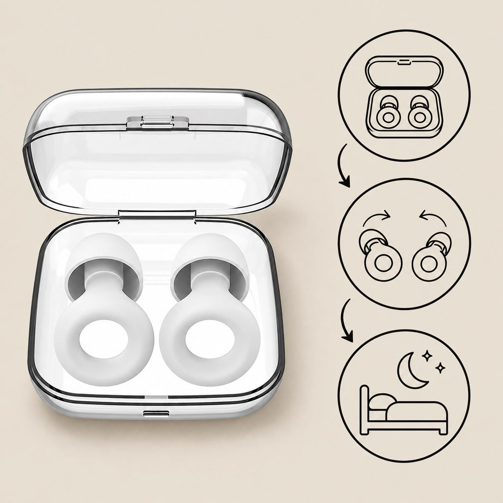 Protetores auriculares de silicone ao lado de ícones que mostram o uso em três passos