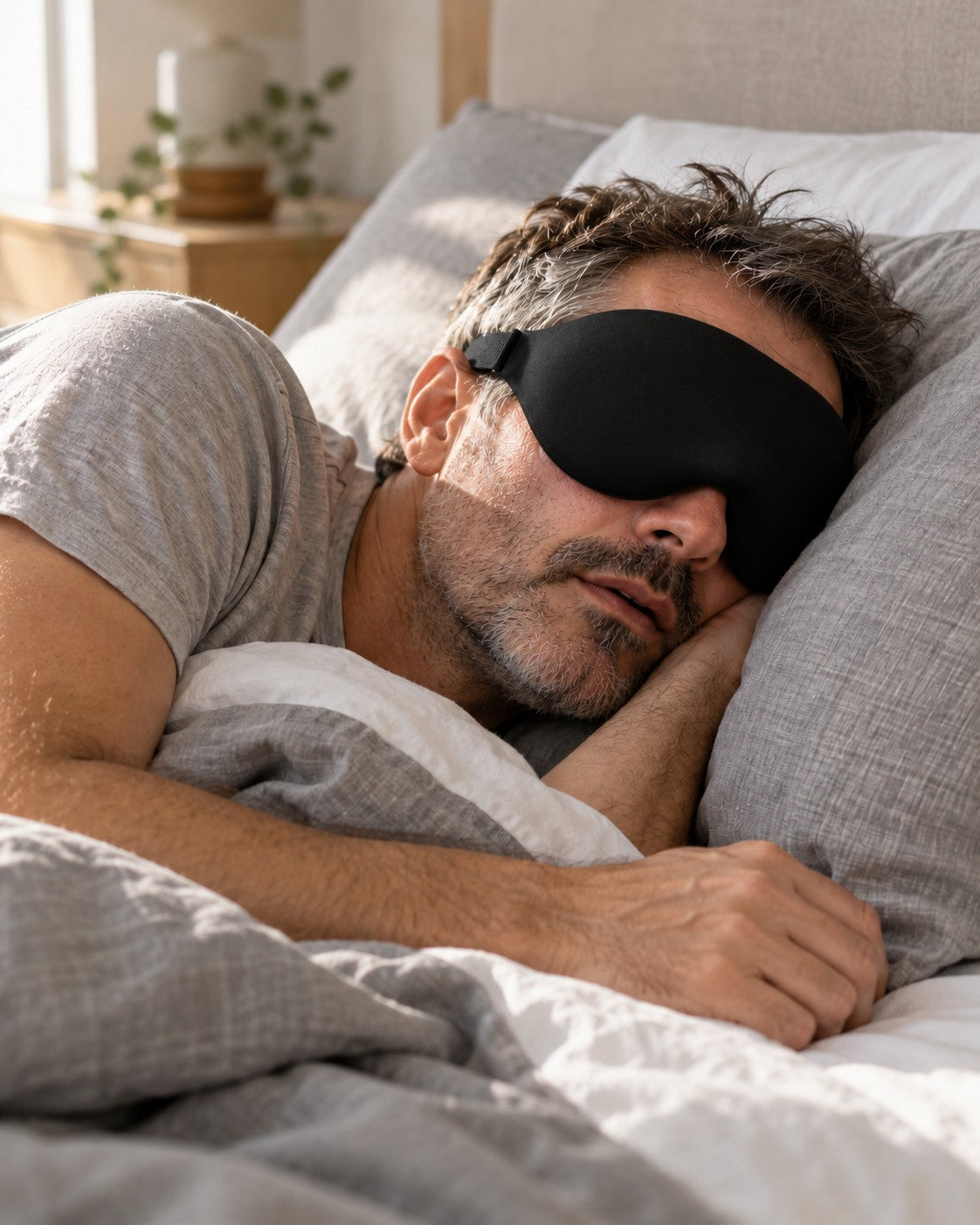 Homem grisalho dormindo de lado, com o tapa olho preto, em um quarto de tons cinza. Imagem ilustrativa.